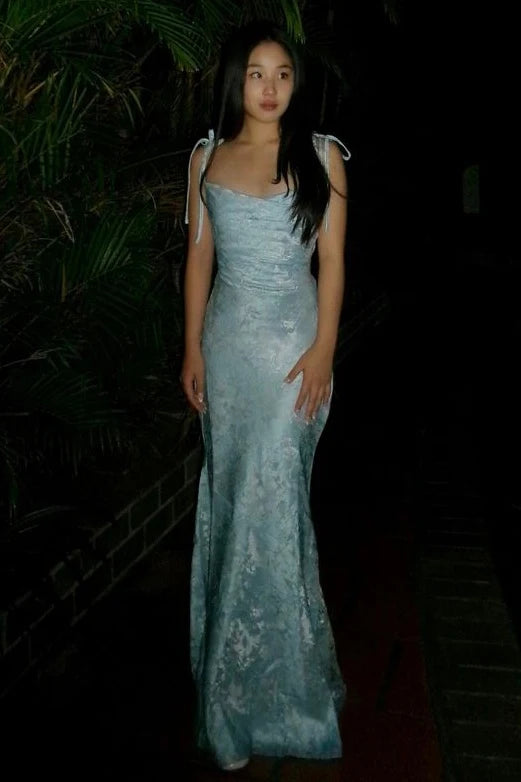 Romantic Floral Mermaid Scoop Neck Tie Straps Floor Length Prom Dress