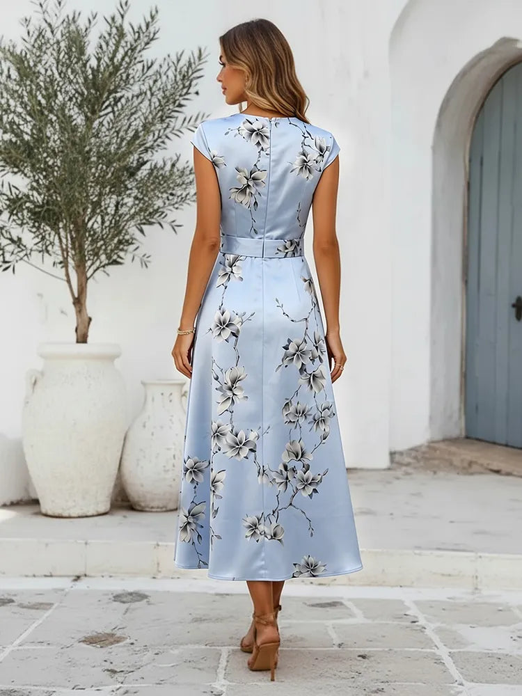 Elegant A-Line V-Neck Cap-Sleeve Satin Midi Mother of the Bride Dress