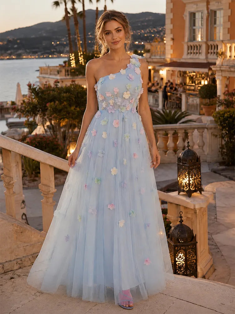 Loverlm light blue one-shoulder floral tulle floor length wedding guest dress front view