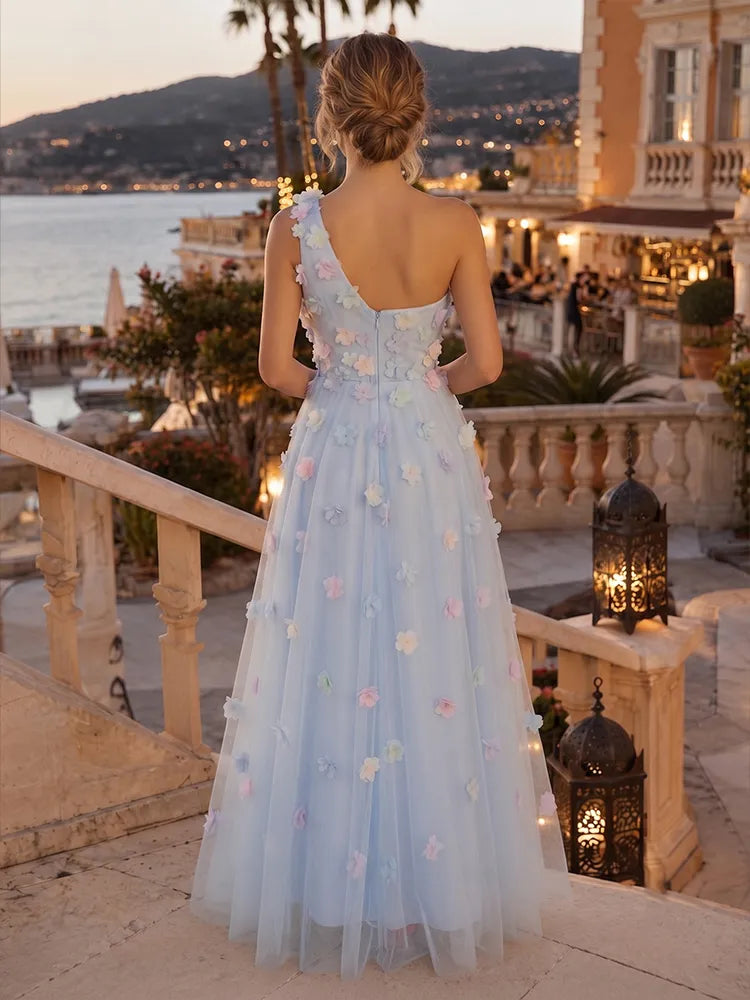 Romantic A-Line One-Shoulder Sleeveless Tulle Floor-Length Wedding Guest Dress