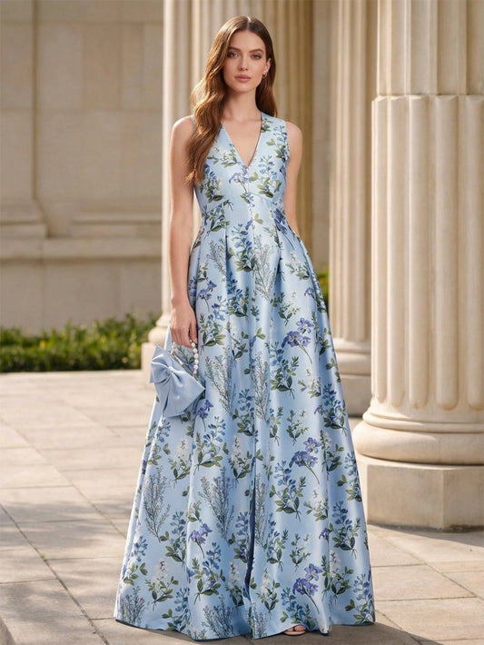 Loverlm light blue floral satin V-neck sleeveless ball gown prom dress front view