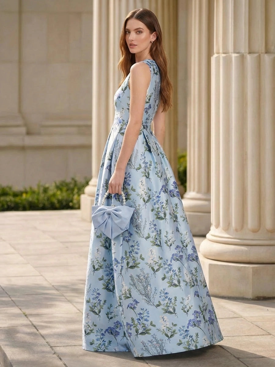 Romantic Floral Satin Ball-Gown V-Neck Sleeveless Zipper-Back Floor-Length Prom Dress