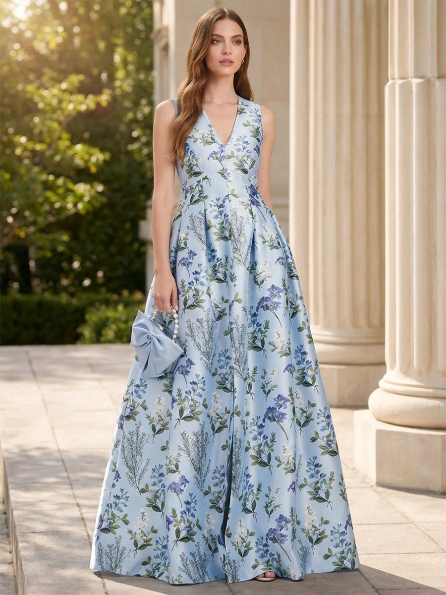 Romantic Floral Satin Ball-Gown V-Neck Sleeveless Zipper-Back Floor-Length Prom Dress