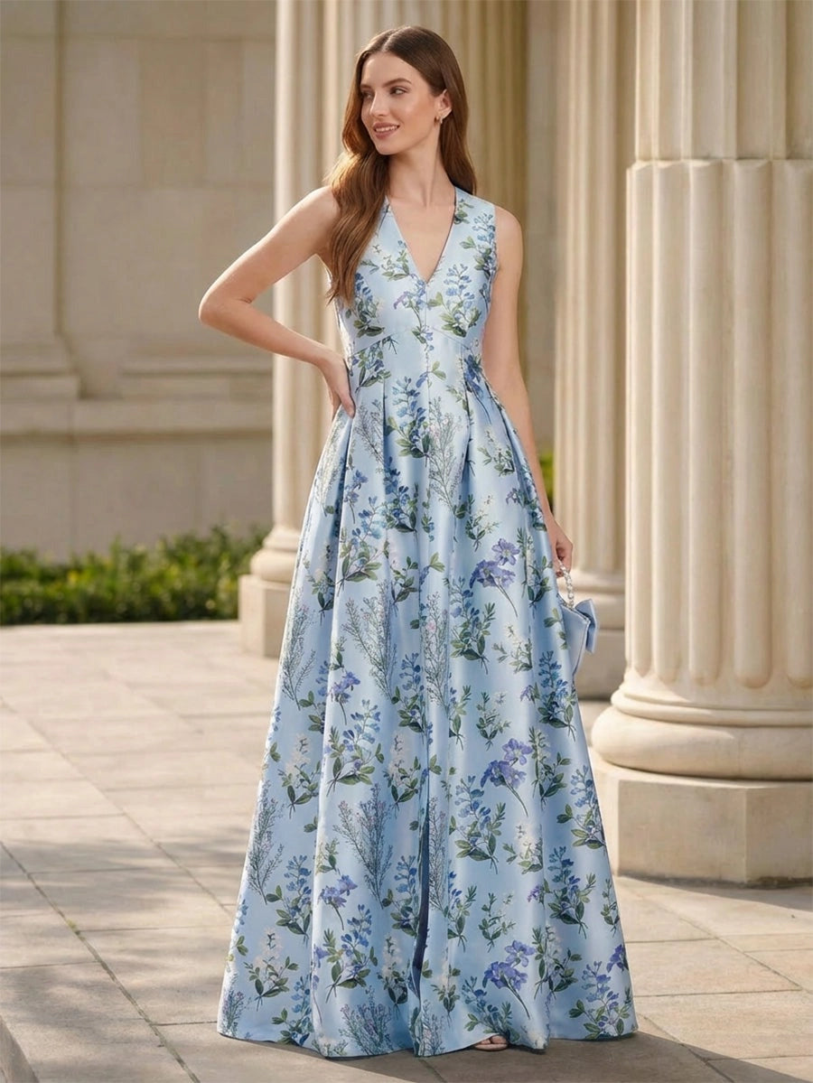 Romantic Floral Satin Ball-Gown V-Neck Sleeveless Zipper-Back Floor-Length Prom Dress