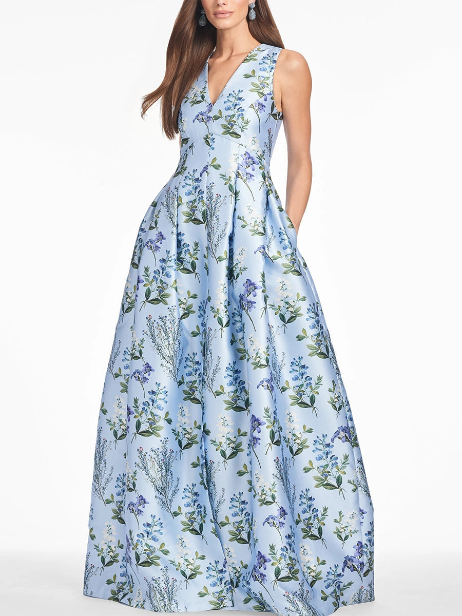 Romantic Floral Satin Ball-Gown V-Neck Sleeveless Zipper-Back Floor-Length Prom Dress