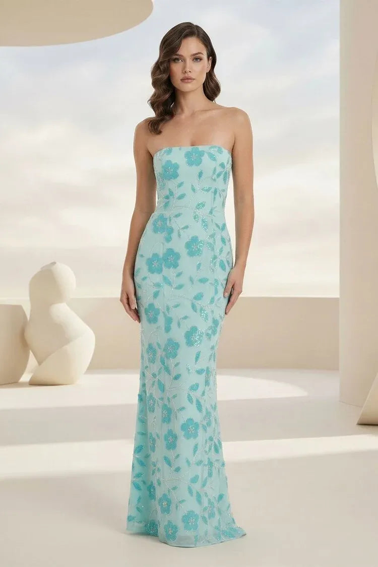 Loverlm Light Blue Floral Sequin Strapless Lace-Up Back Long Sheath Prom Dress