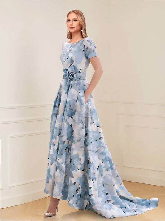 Loverlm light blue floral Mother of the Bride dress with round neck, short sleeves, floral waist buckle and high-low A-line skirt front view