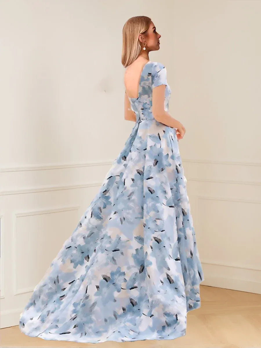 Elegant A-Line Round Neck Short Sleeve Square Back High-Low Floral Mother of the Bride Dress