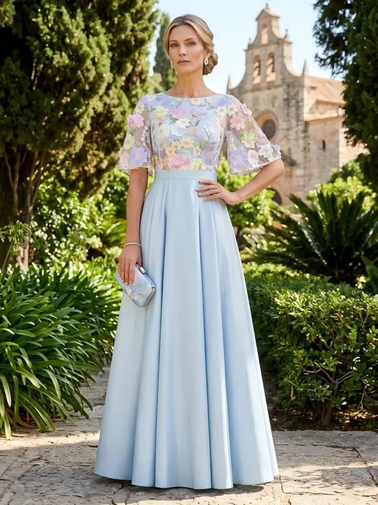 Loverlm light blue Mother of the Bride dress with floral bodice sheer sleeves and floor-length A-line skirt