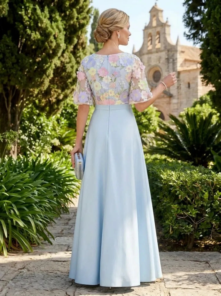 Elegant A-Line Round-Neck Elbow-Sleeve Satin Floor-Length Mother of the Bride Dress