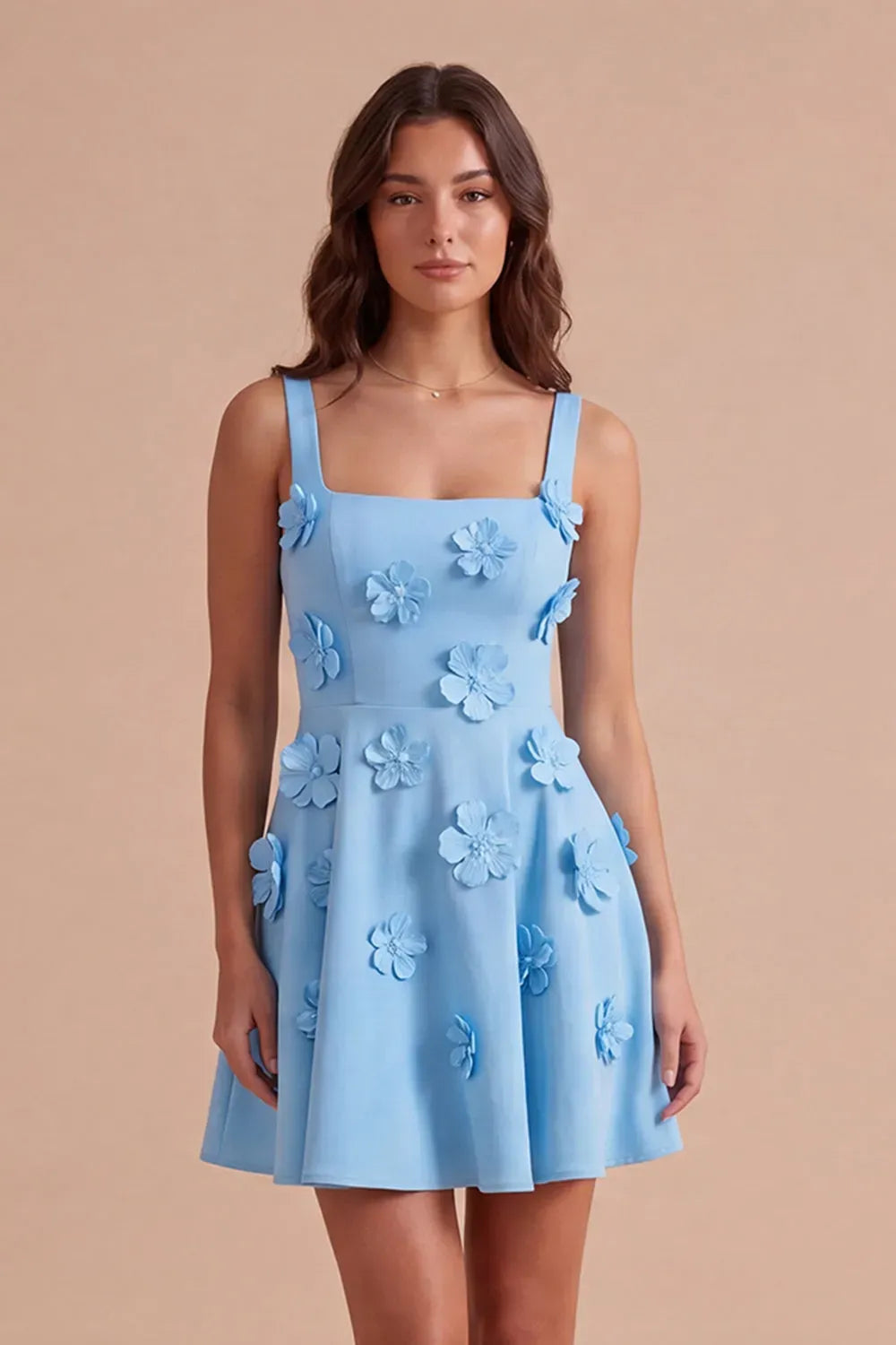 Loverlm light blue floral homecoming dress front view featuring a square neckline, wide straps, 3D flower appliqués and short A-line skirt
