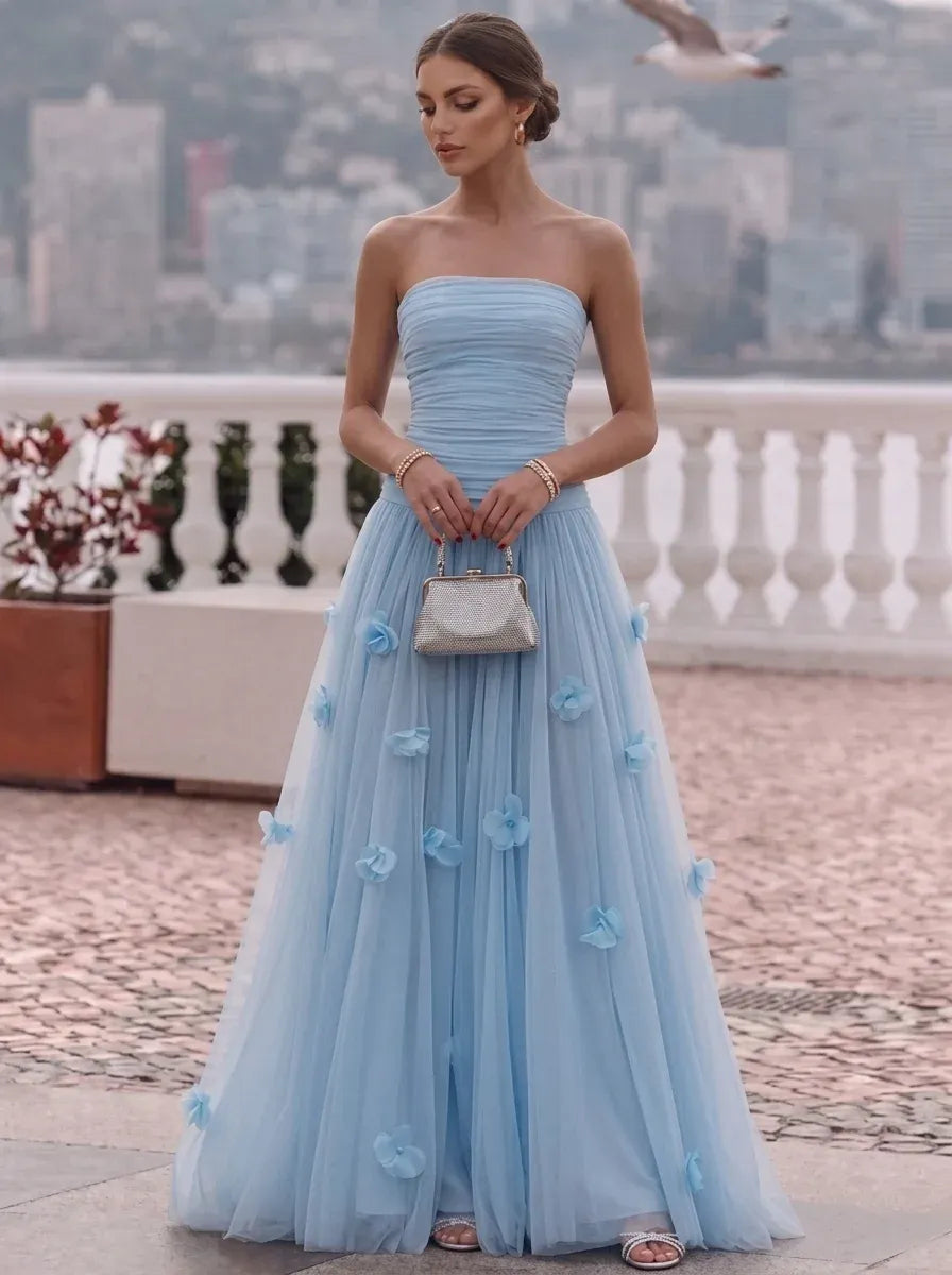 Loverlm light blue strapless floor length bridesmaid dress with ruched bodice and floral appliques front view
