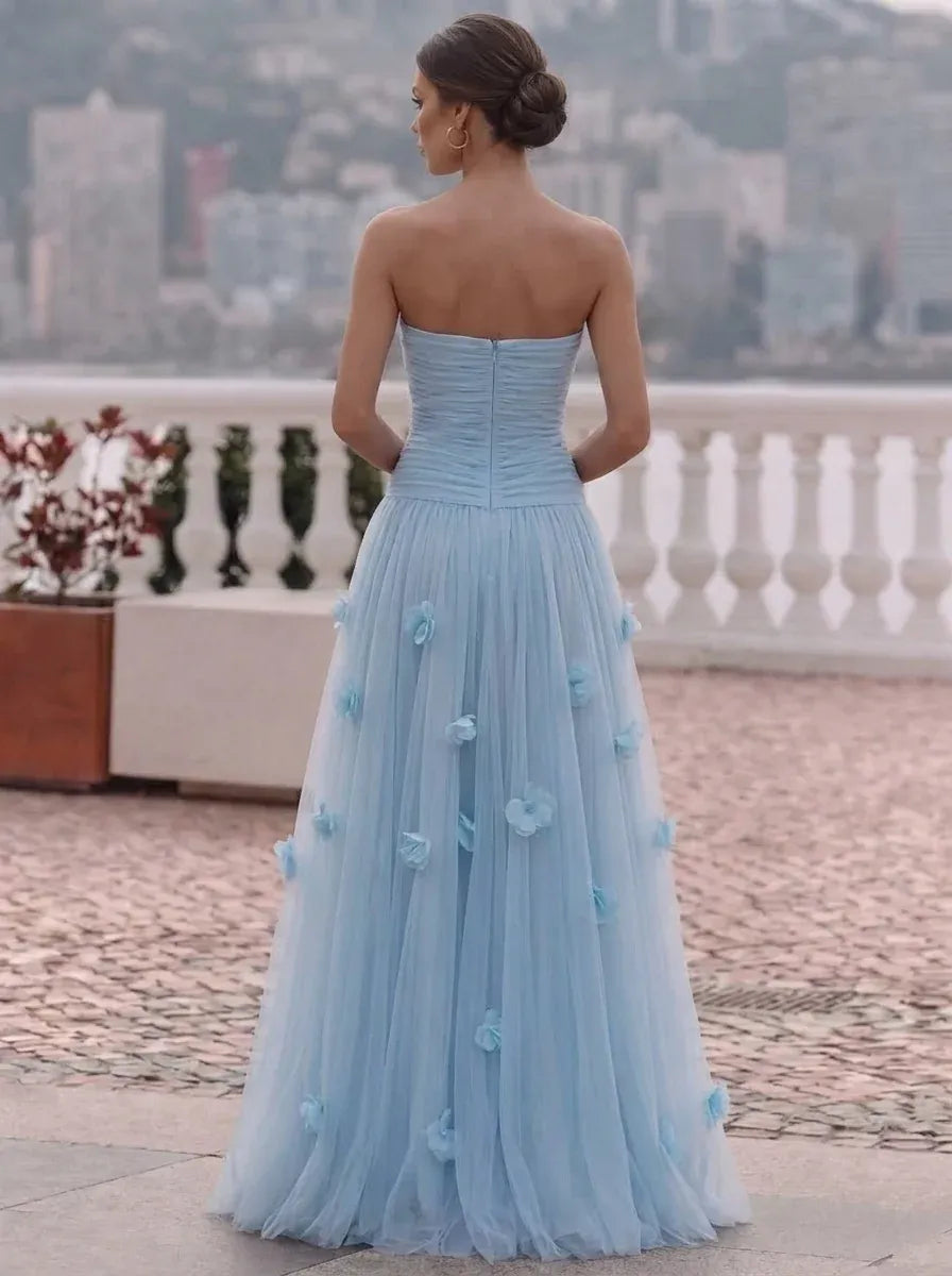 Romantic A-Line Strapless Sleeveless Zip Back Floor Length Prom Dress