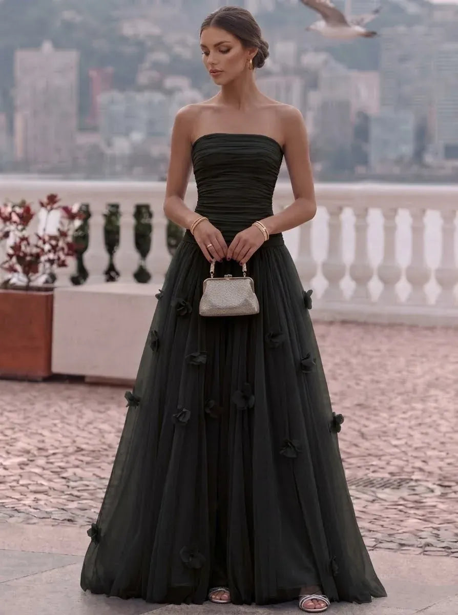 Romantic A-Line Strapless Sleeveless Zip Back Floor Length Prom Dress