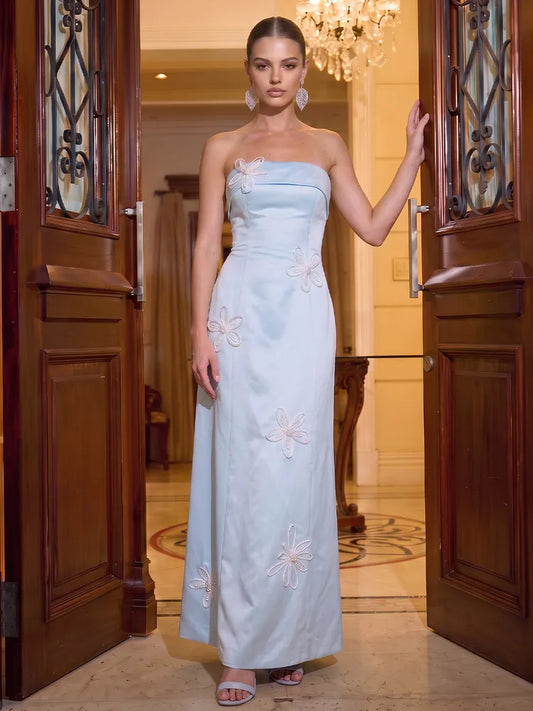 Loverlm light blue floral strapless satin floor length wedding guest dress front view