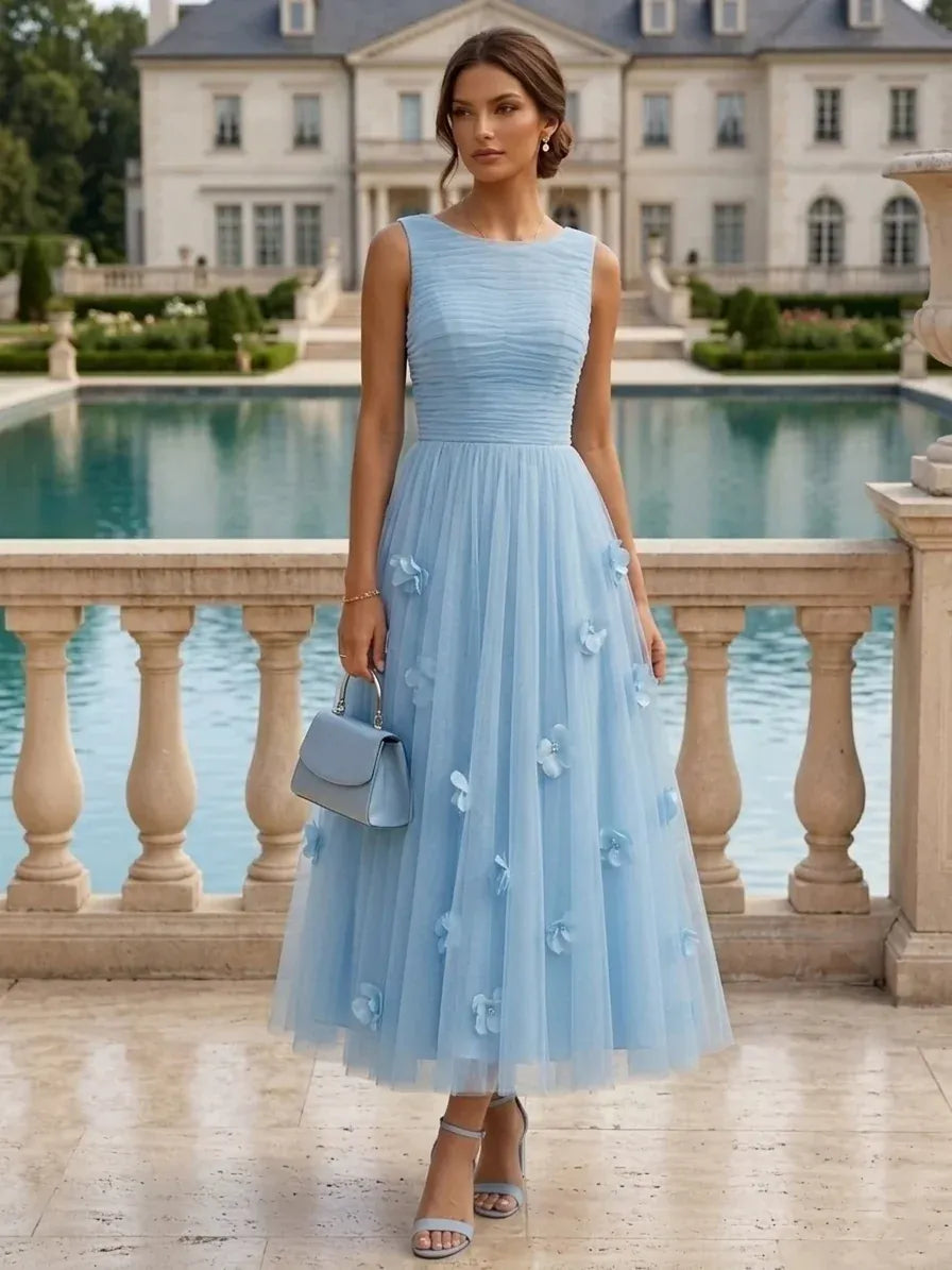 Loverlm light blue ruched tulle floral A-line wedding guest dress