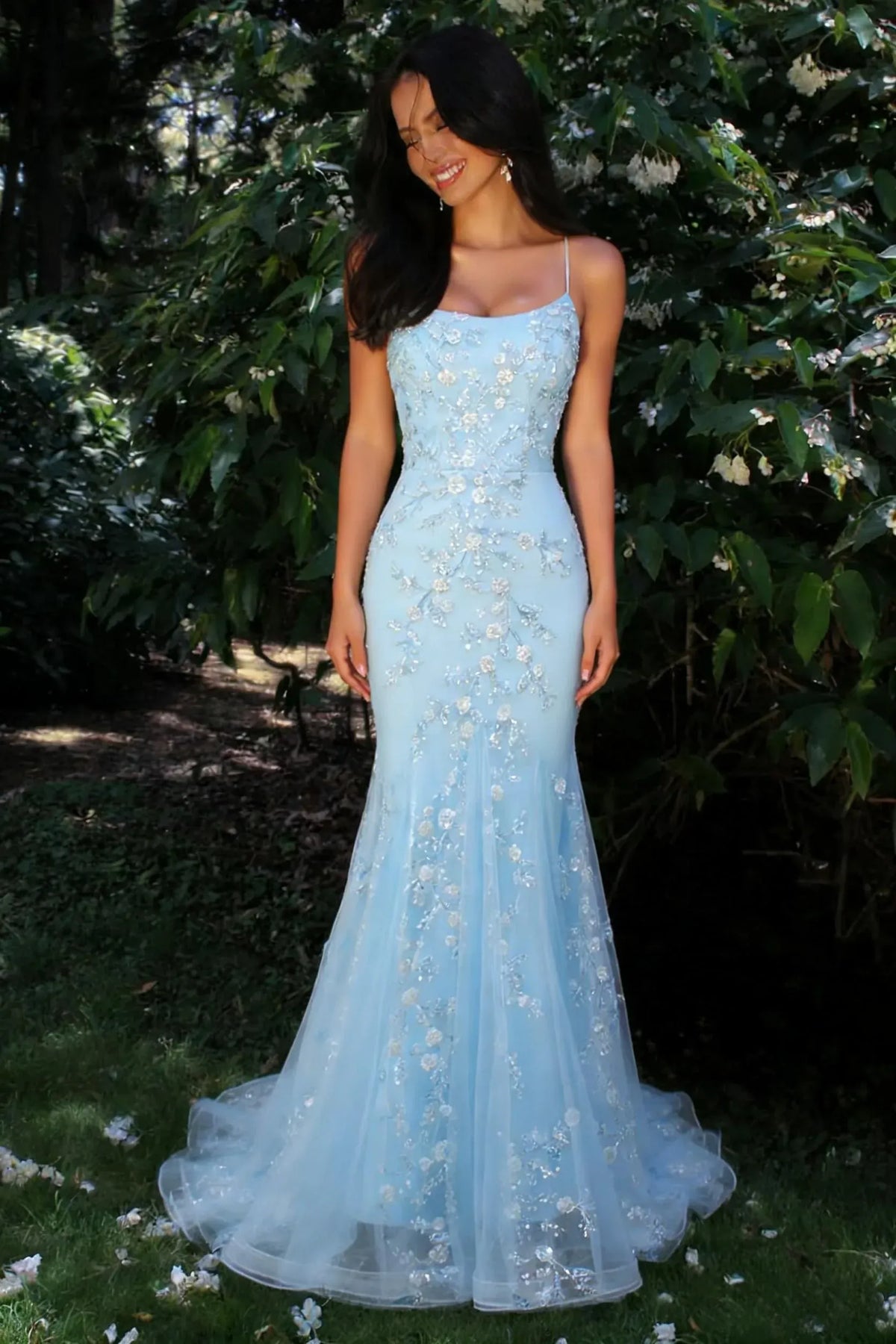 Loverlm light blue tulle mermaid prom dress with a scoop neckline, spaghetti straps, floral appliques and a flared skirt.