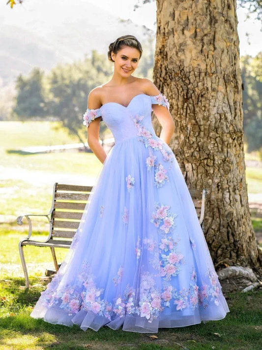 Loverlm light blue floral tulle A-line prom dress with sweetheart neckline and off shoulder appliques front view