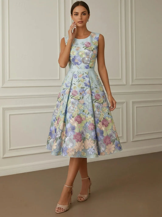 Loverlm light blue floral V-neck A-line tea length wedding guest dress front view
