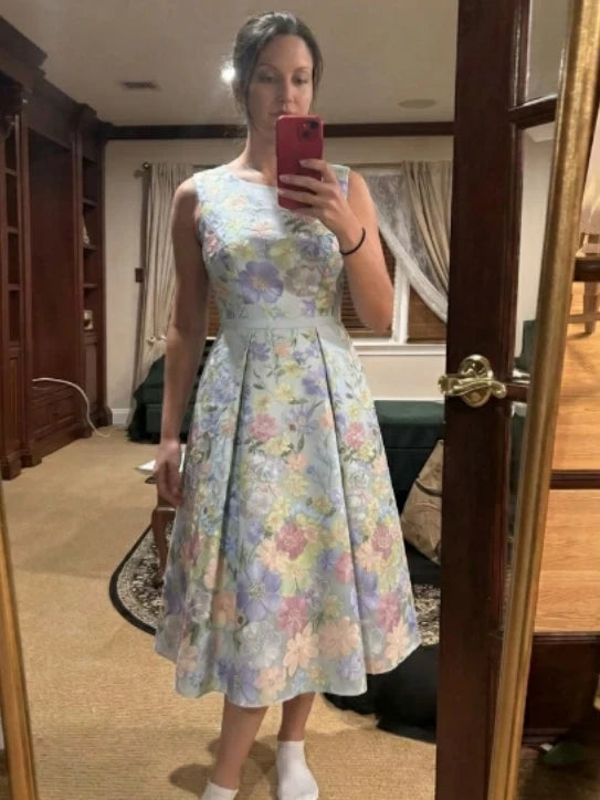Elegant A-Line V-Neck Sleeveless V-Back Tea-Length Wedding Guest Dress