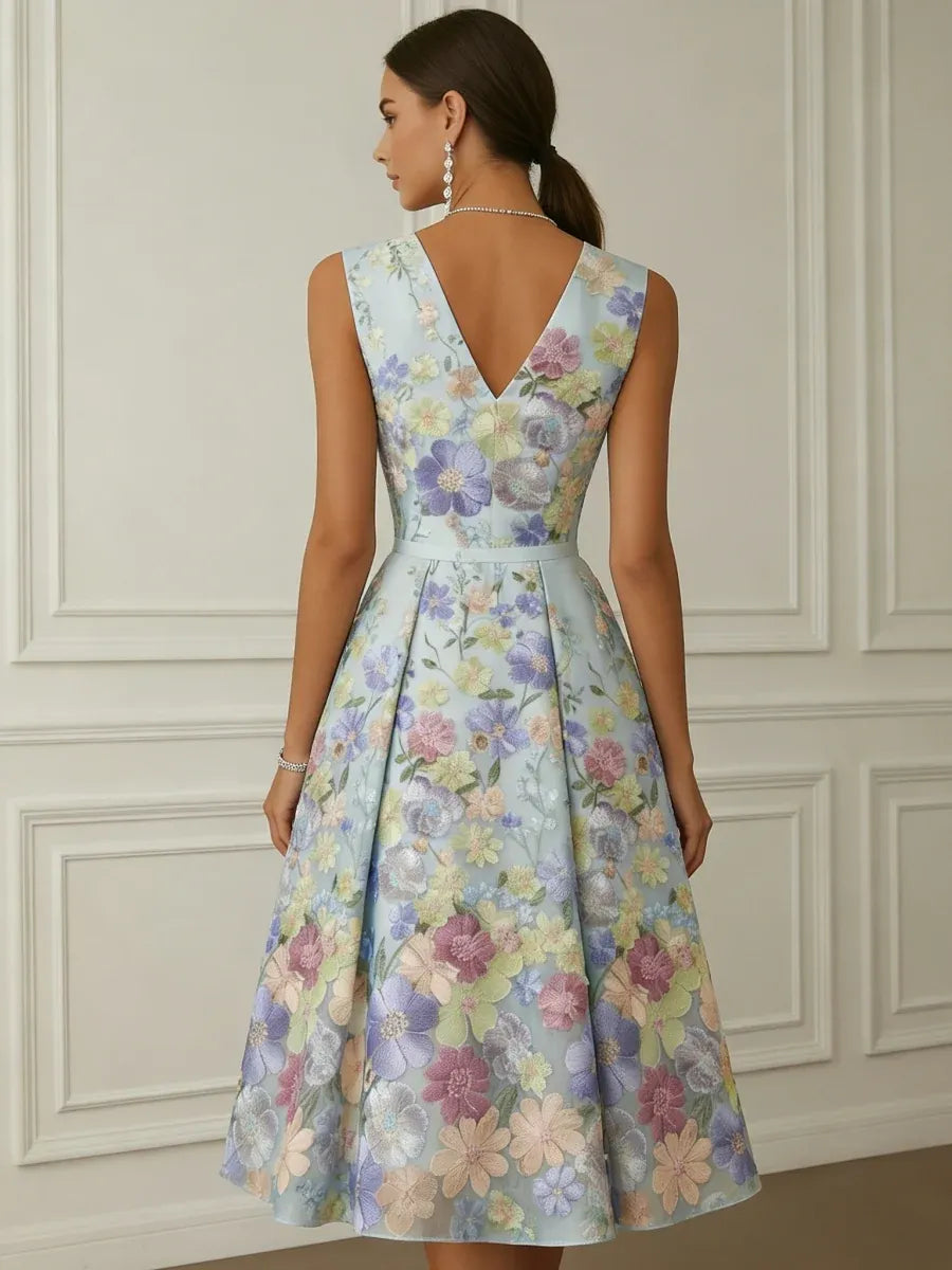 Elegant A-Line V-Neck Sleeveless V-Back Tea-Length Wedding Guest Dress