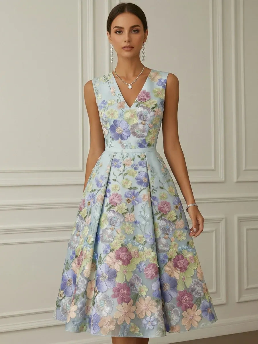 Elegant A-Line V-Neck Sleeveless V-Back Tea-Length Wedding Guest Dress