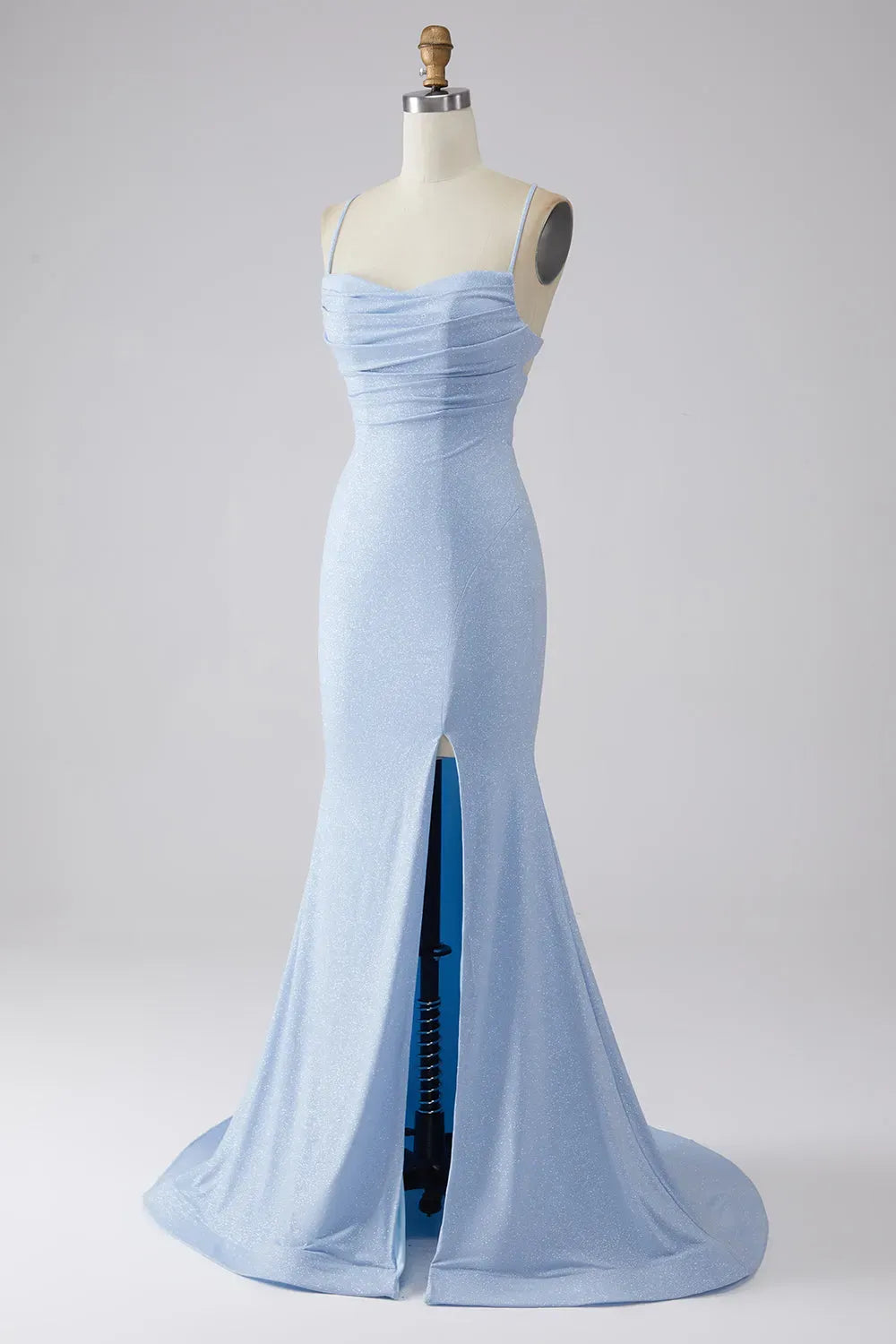 Elegant Mermaid Cowl Neck Spaghetti Strap Lace Up Train Blue Prom Dress