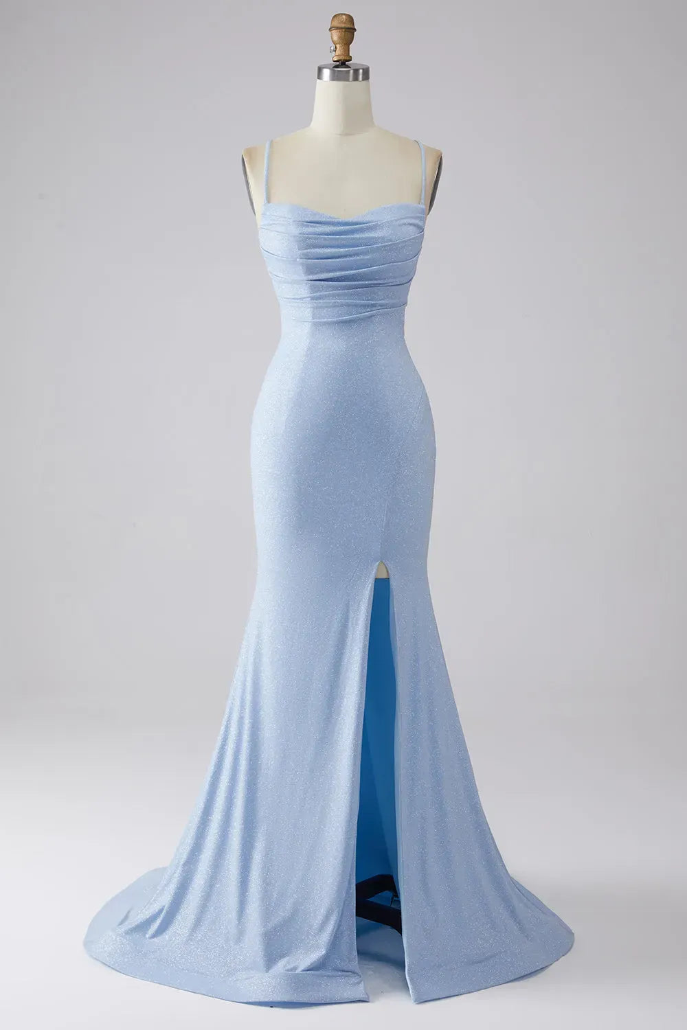 Elegant Mermaid Cowl Neck Spaghetti Strap Lace Up Train Blue Prom Dress