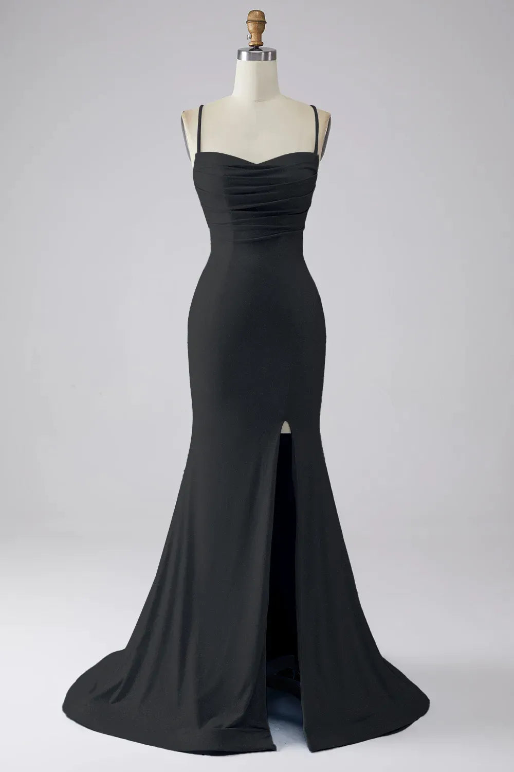 Elegant Mermaid Cowl Neck Spaghetti Strap Lace Up Train Blue Prom Dress