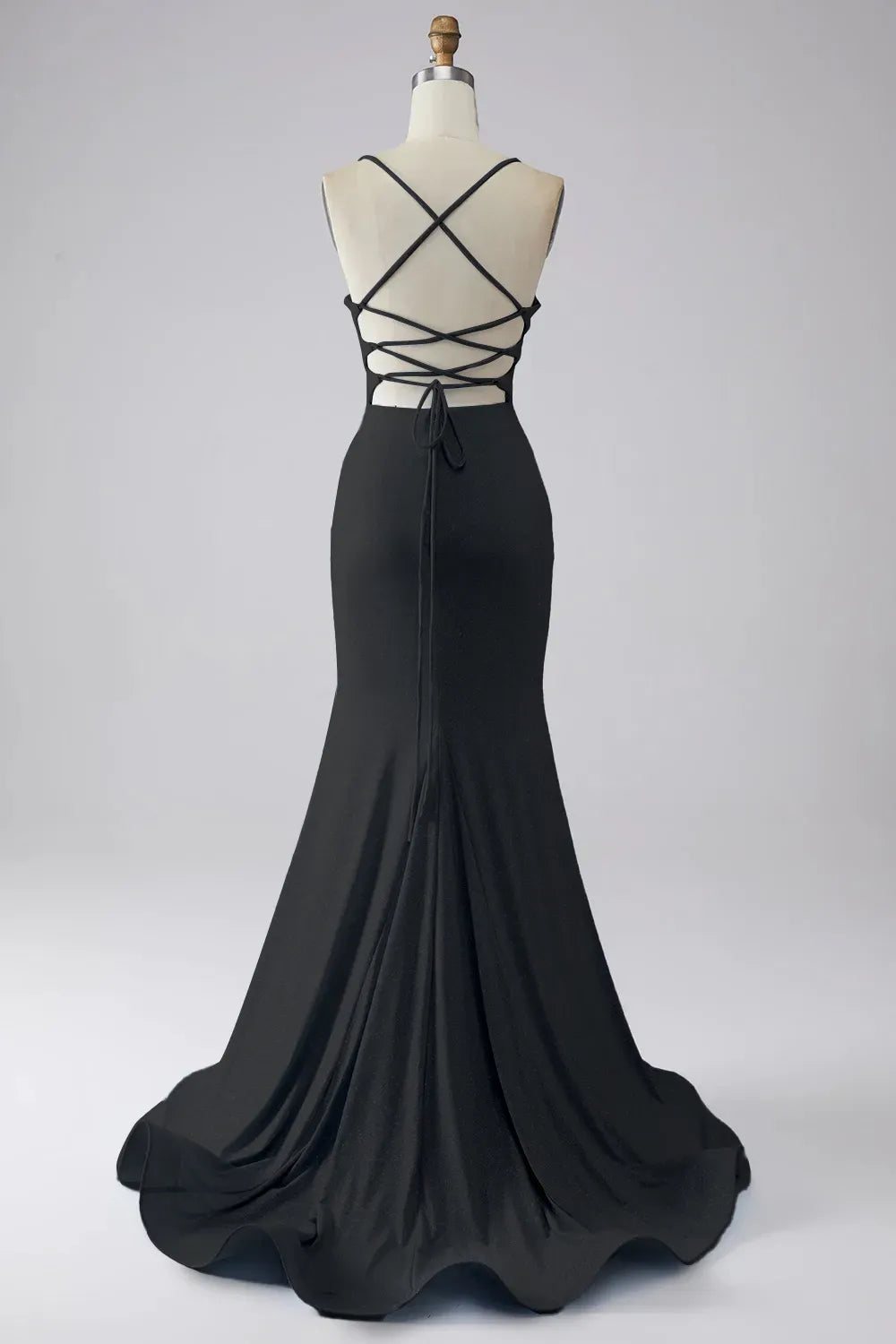 Elegant Mermaid Cowl Neck Spaghetti Strap Lace Up Train Blue Prom Dress