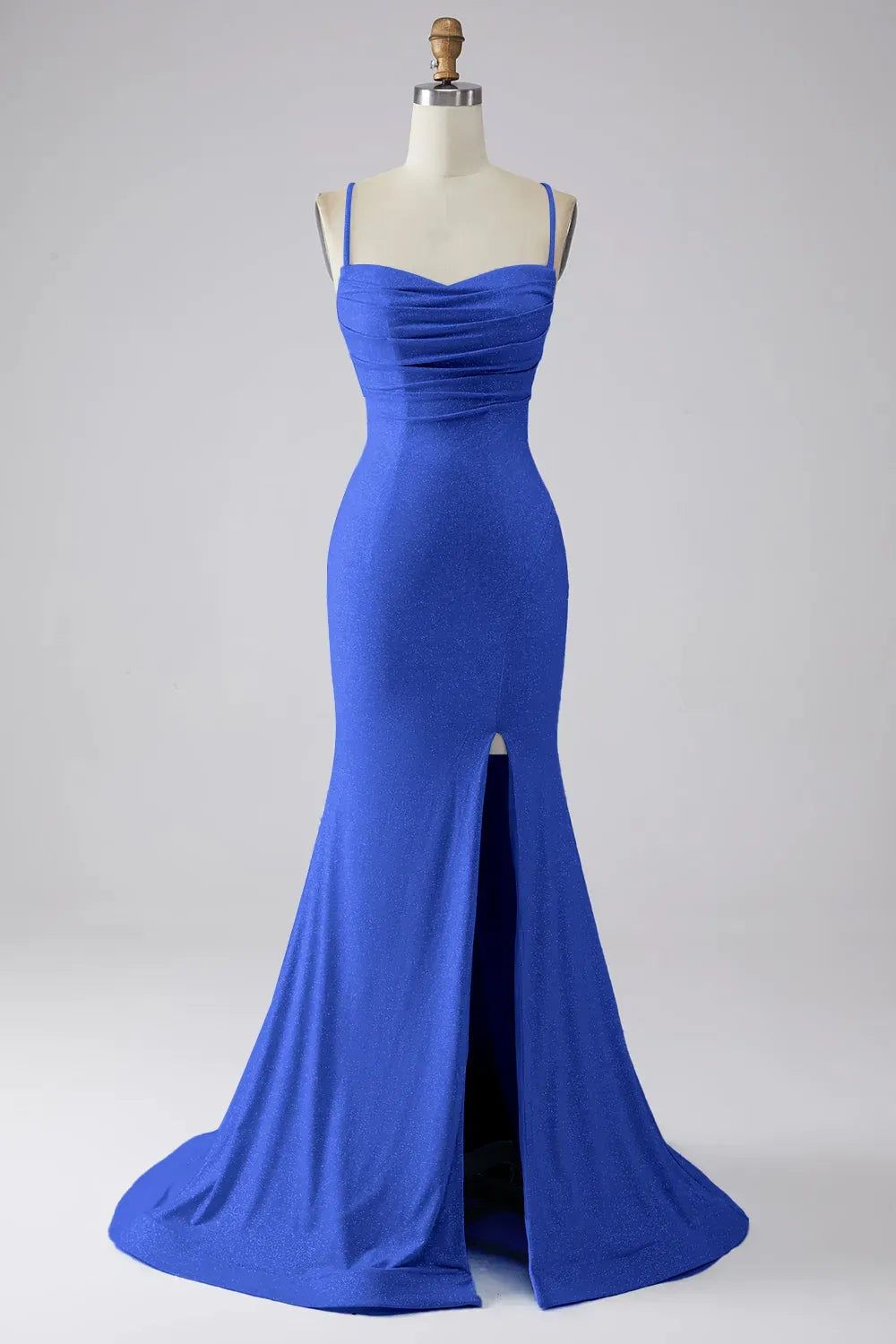 Elegant Mermaid Cowl Neck Spaghetti Strap Lace Up Train Blue Prom Dress