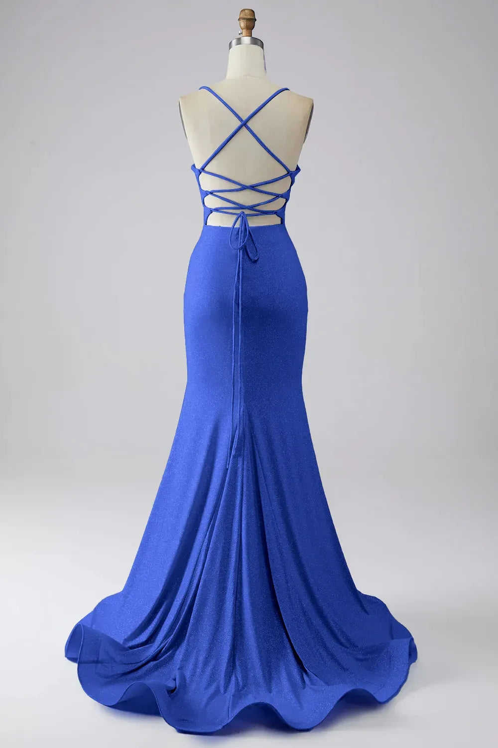 Elegant Mermaid Cowl Neck Spaghetti Strap Lace Up Train Blue Prom Dress