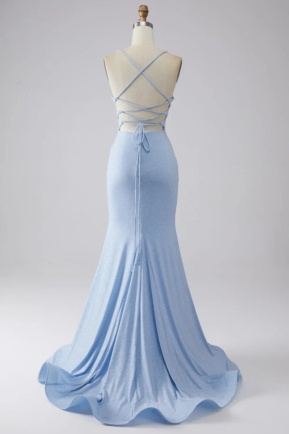 Elegant Mermaid Cowl Neck Spaghetti Strap Lace Up Train Blue Prom Dress