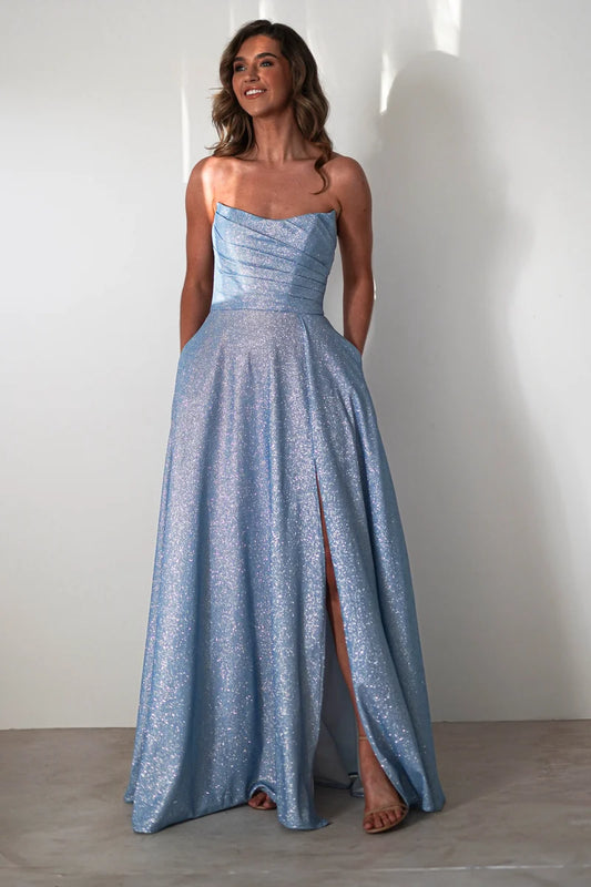 Loverlm light blue glitter A-line prom dress with strapless ruched bodice, thigh-high slit, side pockets and floor-length skirt front view
