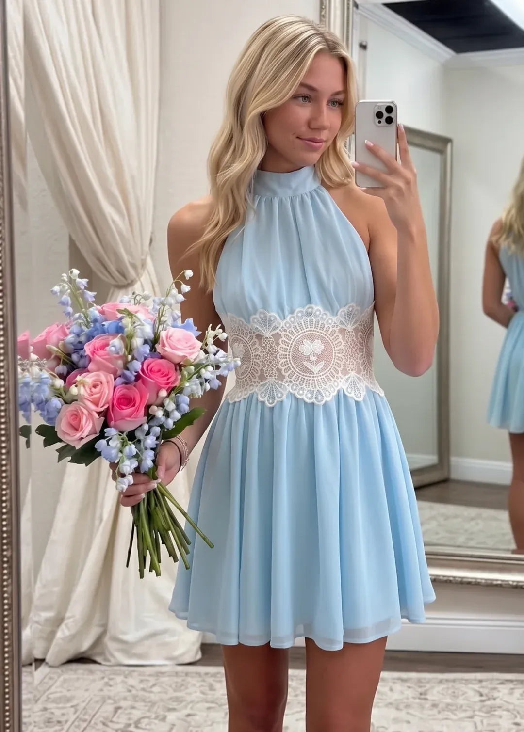 Loverlm light blue halter lace-waist A-line mini homecoming dress