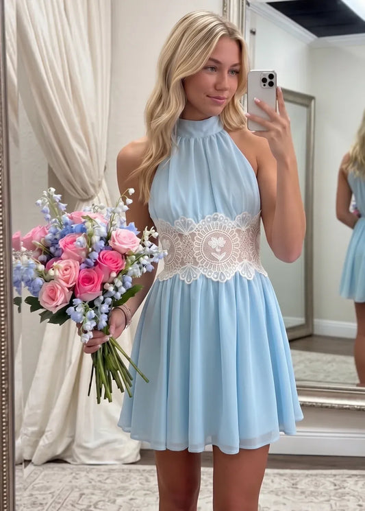 Loverlm light blue halter lace-waist A-line mini homecoming dress