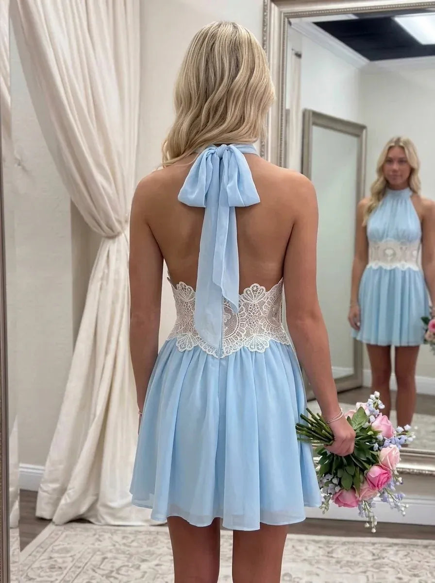 Romantic A-Line High-Neck Sleeveless Tie-Back Lace-Waist Mini Homecoming Dress