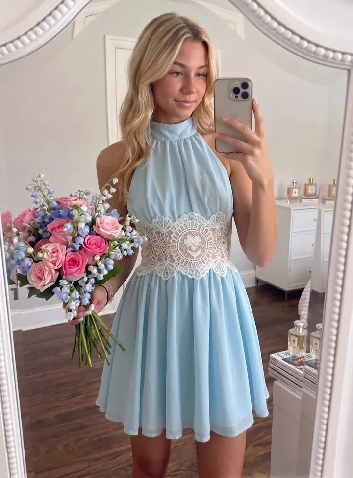 Romantic A-Line High-Neck Sleeveless Tie-Back Lace-Waist Mini Homecoming Dress