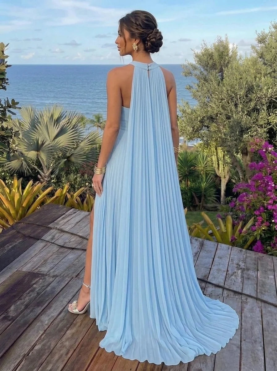 Elegant A Line Halter Neck Sleeveless Chiffon Floor Length Prom Dress