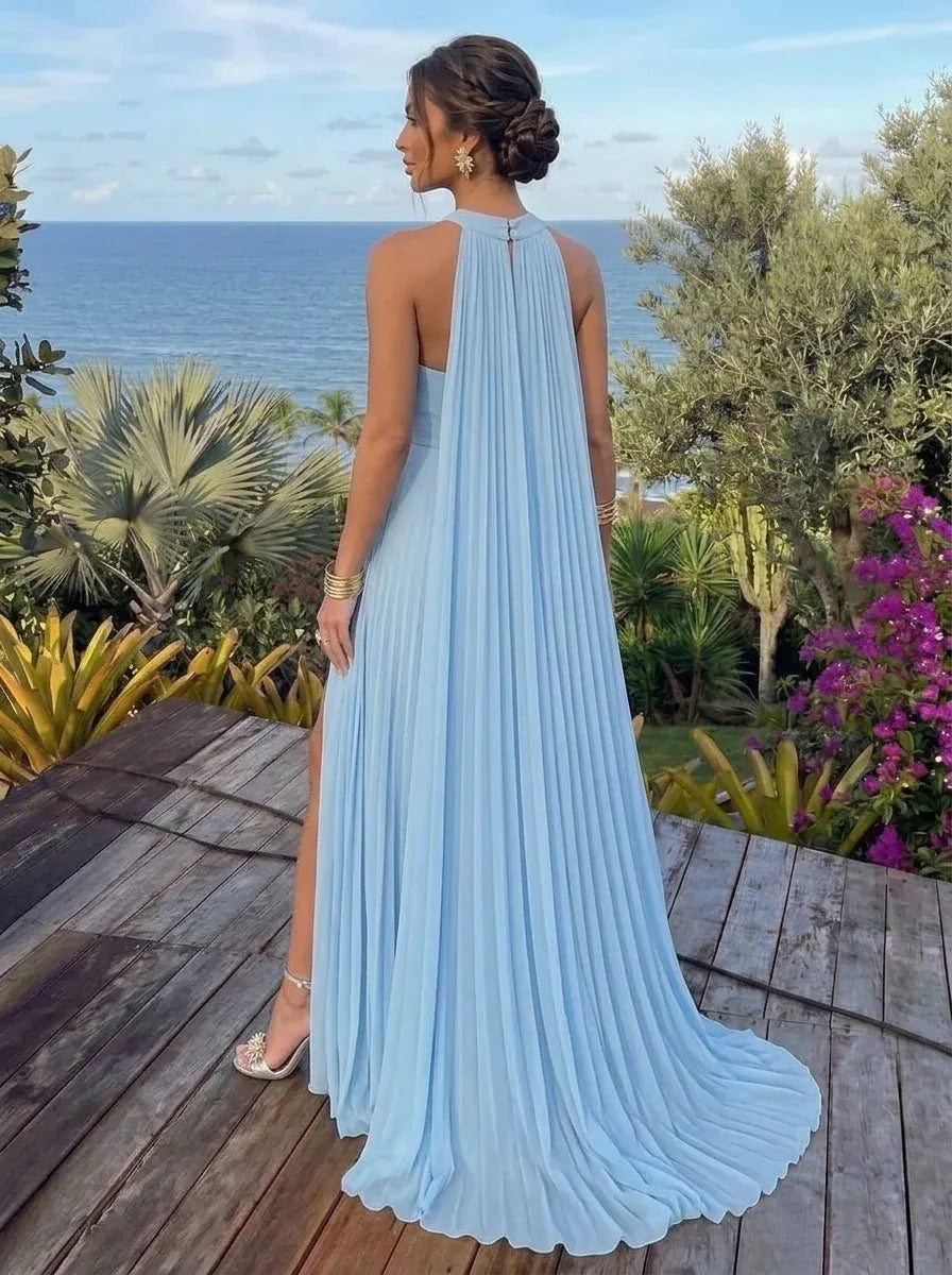 Elegant A-Line Halter Neck Sleeveless Button Back Floor-Length Prom Dress