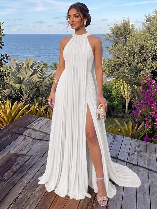 Elegant A-Line Halter Neck Sleeveless Button Back Floor-Length Prom Dress