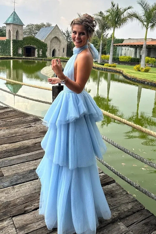 Loverlm light blue halter tulle A-line prom dress with tiered ruffle skirt