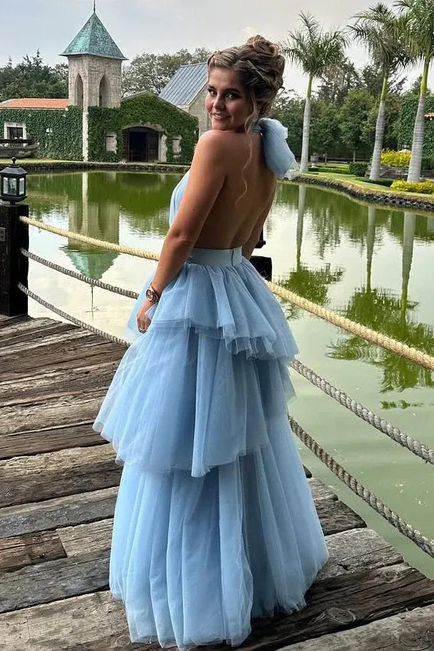 Romantic A-Line Halter Neck Sleeveless Open Back Floor-Length Prom Dress