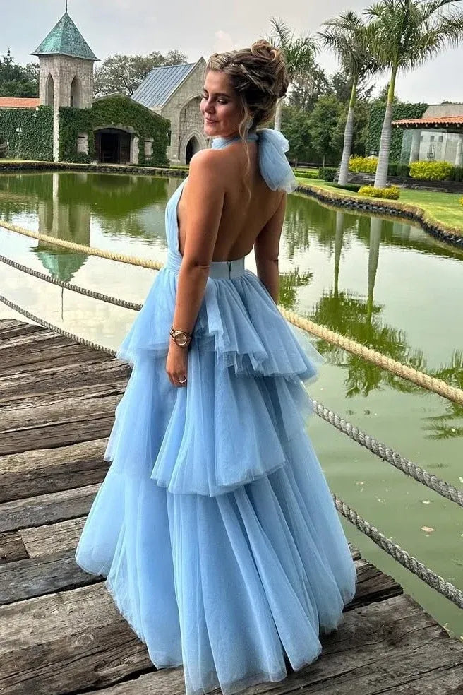 Romantic A-Line Halter Neck Sleeveless Open Back Floor-Length Prom Dress