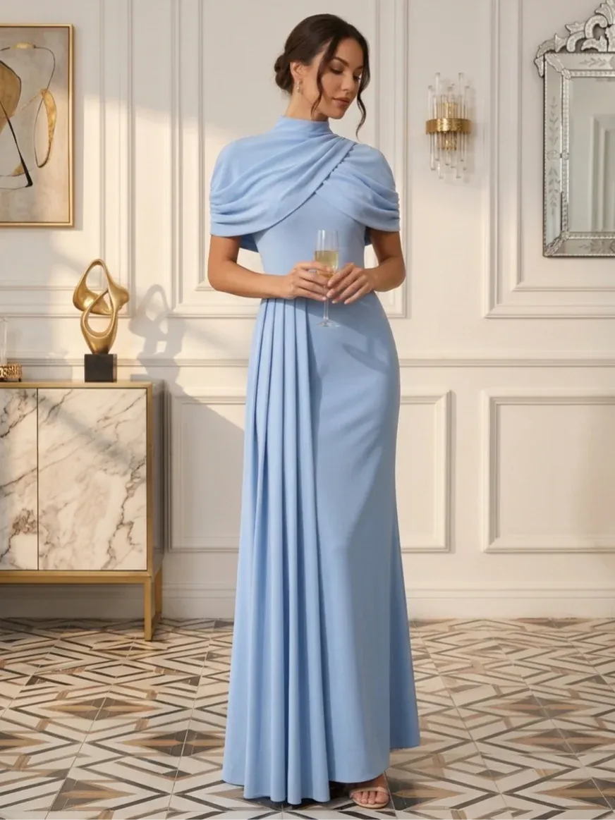 Loverlm light blue high neck floor length bridesmaid dress with draped cape sleeves front view