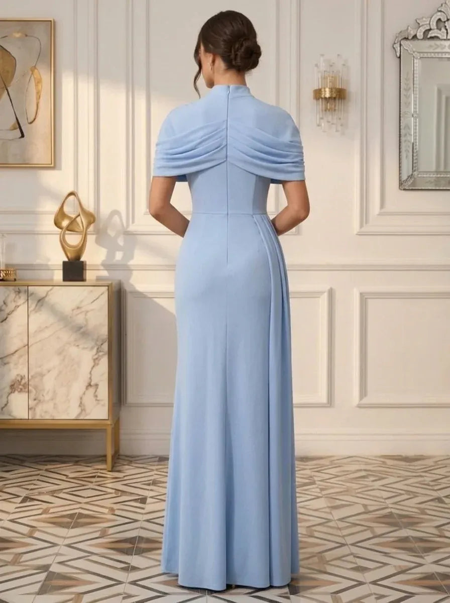 Elegant Sheath High Neck Cap Sleeve Zip Back Floor Length Wedding Guest Dress