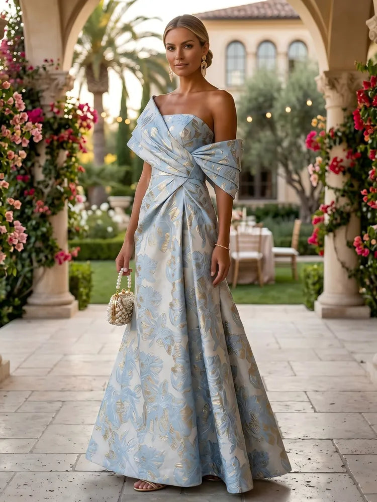 Loverlm light blue floral jacquard Wedding Guest dress with asymmetric off-shoulder neckline and floor-length A-line skirt