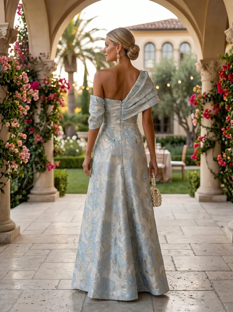Elegant A-Line Asymmetric-Neck Off-Shoulder Jacquard Floor-Length Mother of the Bride Dress