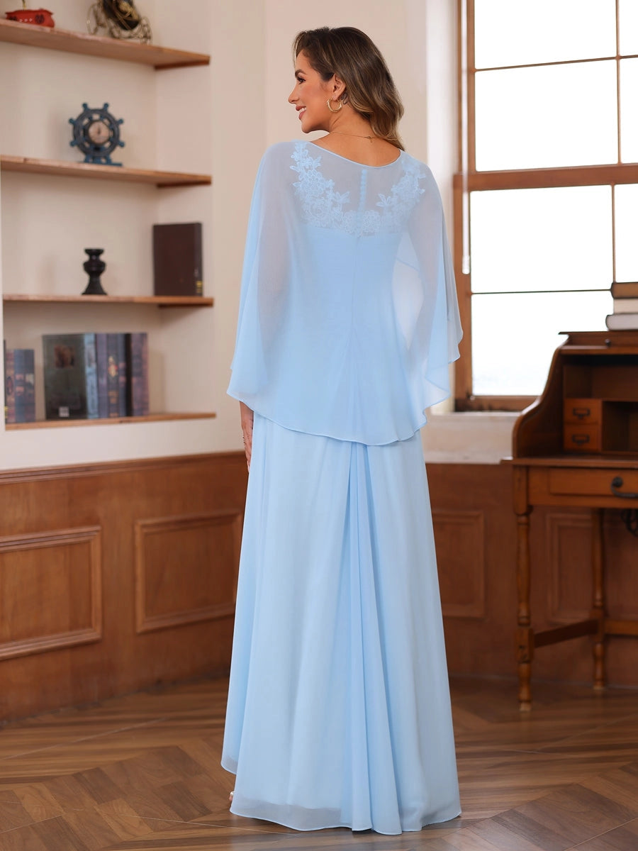 Elegant A-Line Asymmetric-Neck Cape-Sleeve Button-Back Floor-Length Mother of the Bride Dress