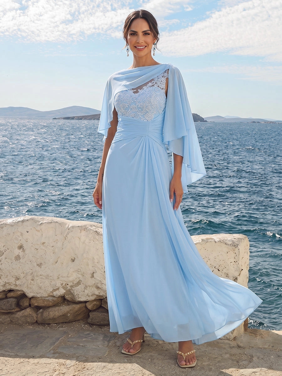 Front view of Loverlm light blue Mother of the Bride Dress with an asymmetrical neckline, lace bodice, cape sleeves and flowing floor-length A-line skirt.
